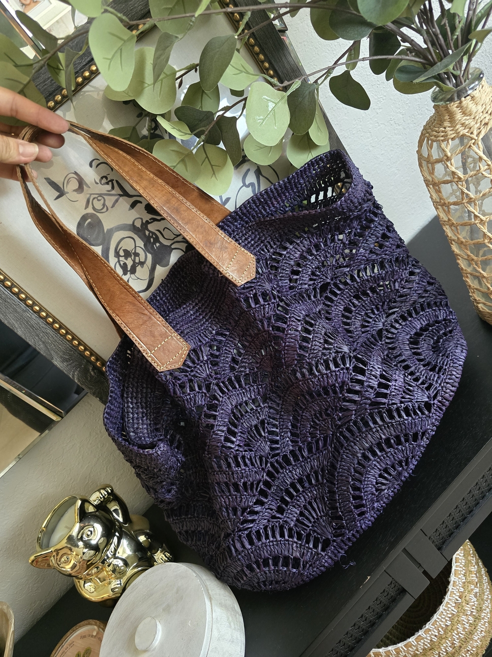 Mar Y Sol Tulum Navy Raffia Tote Handcrafted Crochet Beach Bag - Picture 2 of 10
